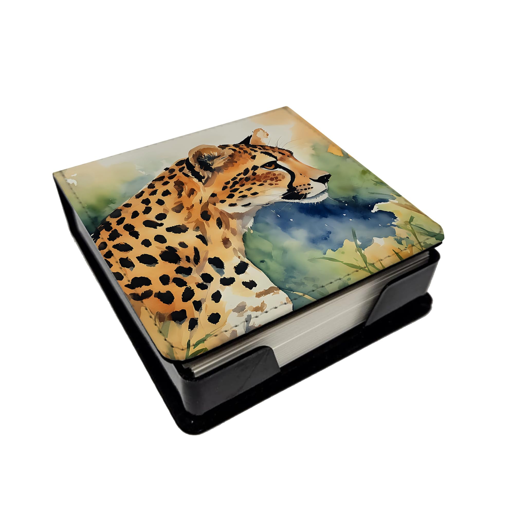 Caroline's Treasures Cheetah PU Leather Note Paper Holder with Artist-Designed Cover, Desk Accessory, Office Gift