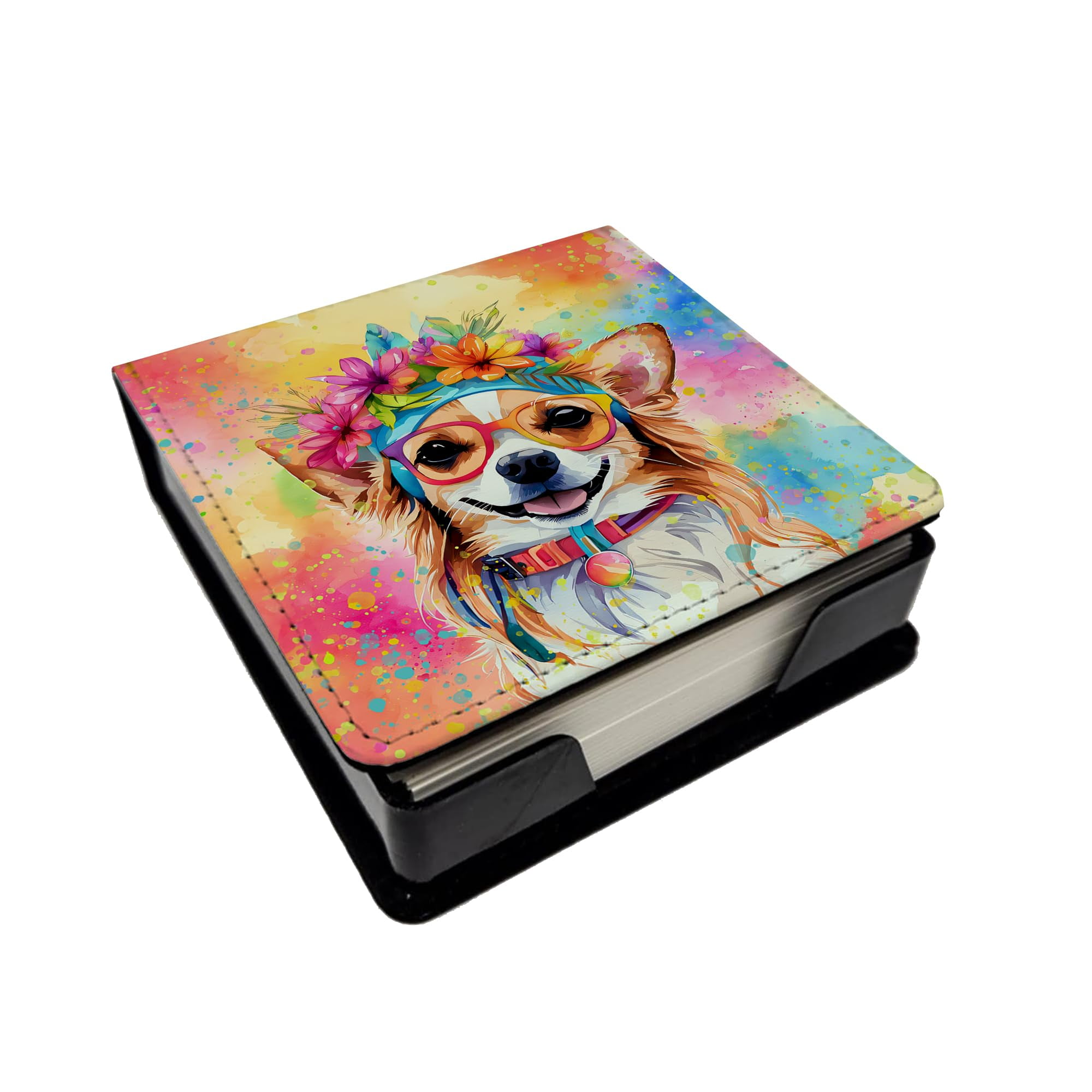 Caroline's Treasures Chihuahua Hippie Dawg PU Leather Note Paper Holder with Artist-Designed Cover, Desk Accessory, Office Gift