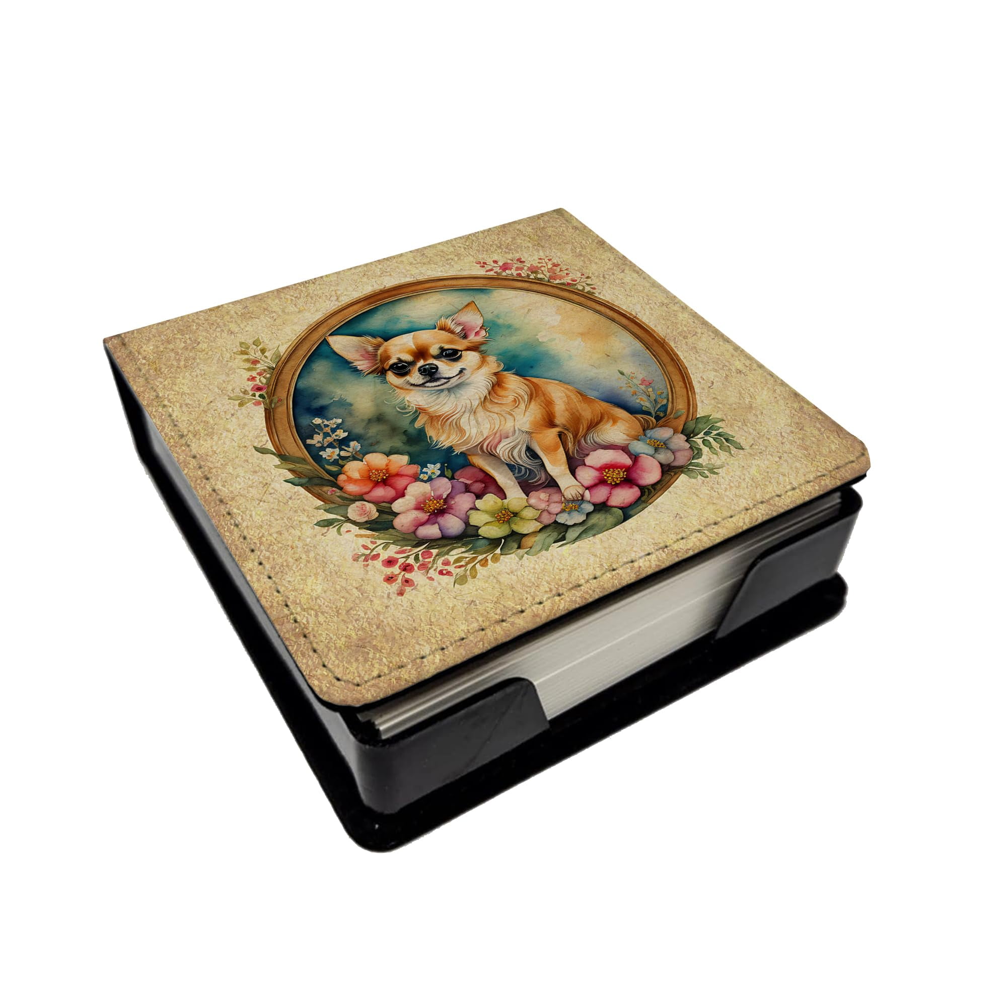 Caroline's Treasures Chihuahua and Flowers PU Leather Note Paper Holder with Artist-Designed Cover, Desk Accessory, Office Gift