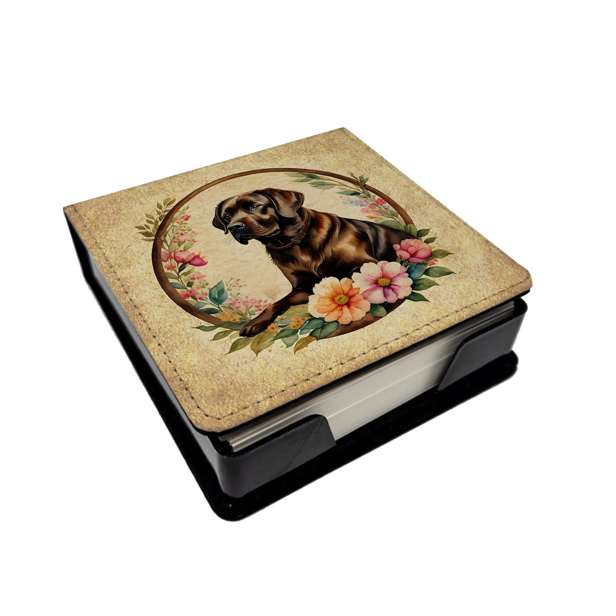 Caroline's Treasures Chocolate Labrador Retriever and Flowers PU Leather Note Paper Holder with Artist-Designed Cover, Desk Accessory, Office Gift