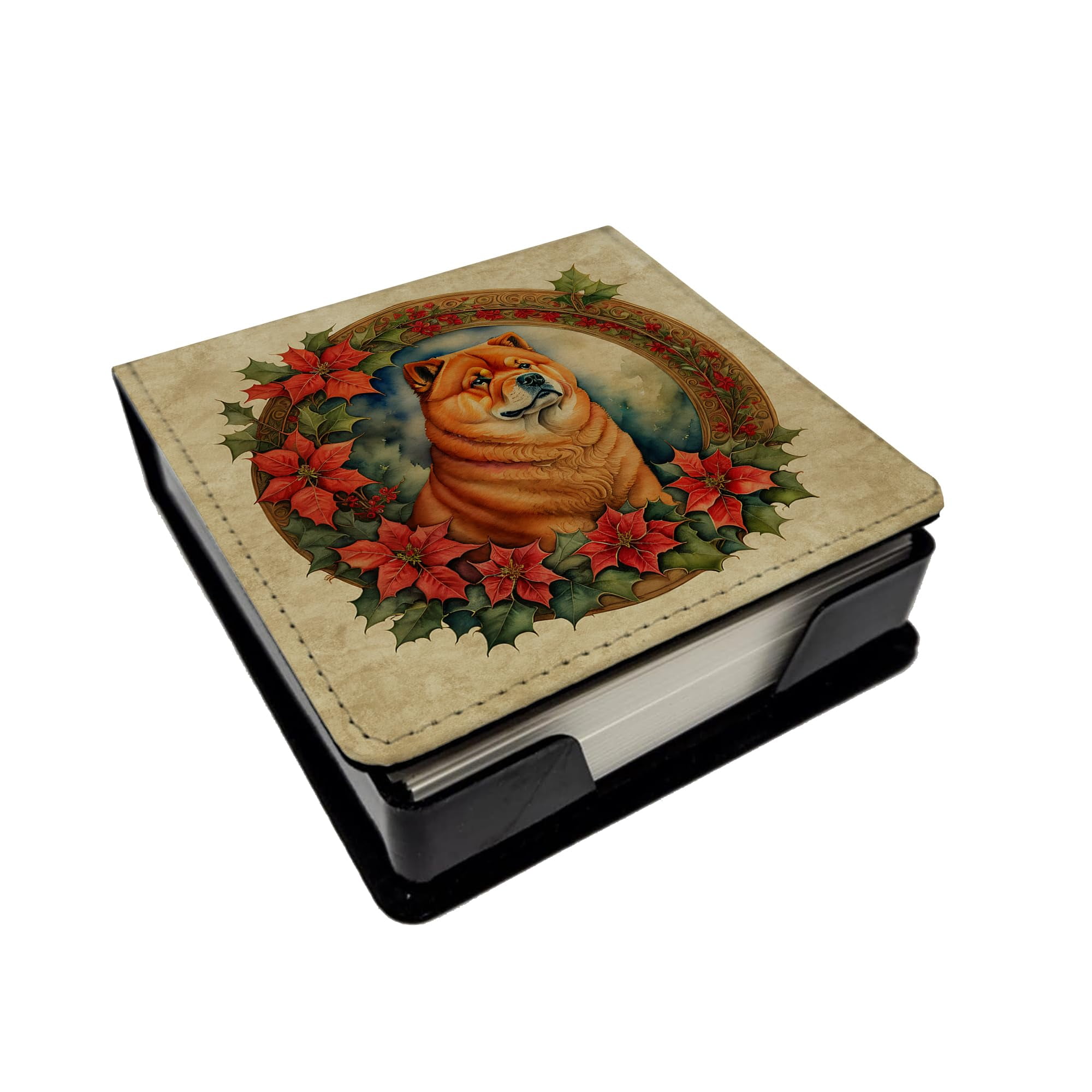 Caroline's Treasures Chow Chow Christmas Flowers PU Leather Note Paper Holder with Artist-Designed Cover, Desk Accessory, Office Gift
