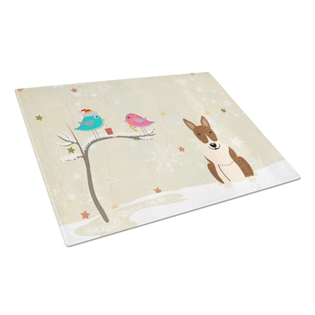 Caroline's Treasures Christmas Presents between Friends Bull Terrier Brindle Glass Cutting Board Large