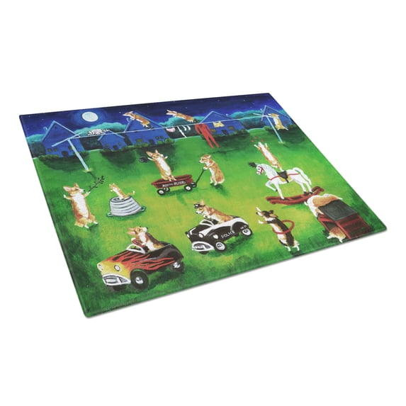 Caroline's Treasures Corgi Backyard Circus Glass Cutting Board Large