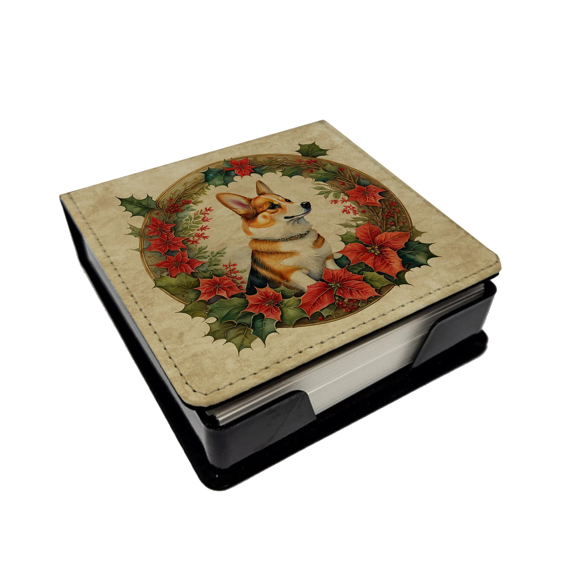 Caroline's Treasures Corgi Christmas Flowers PU Leather Note Paper Holder with Artist-Designed Cover, Desk Accessory, Office Gift