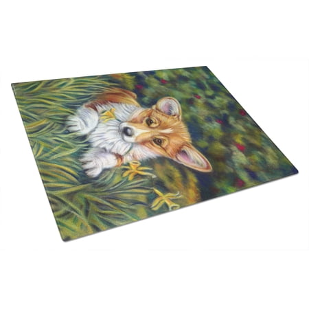 Caroline's Treasures Corgi Pup and Daffodils Glass Cutting Board Large