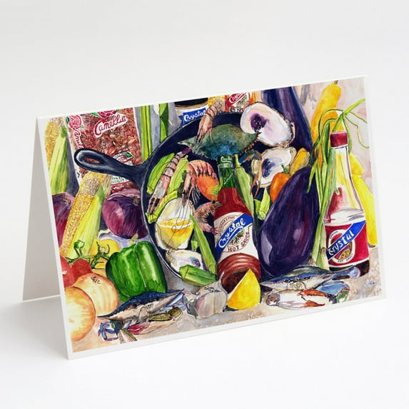 Crystal Hot Sauce with Camellia Beans and Black Skillet Greeting Cards and Envelopes Pack of 8