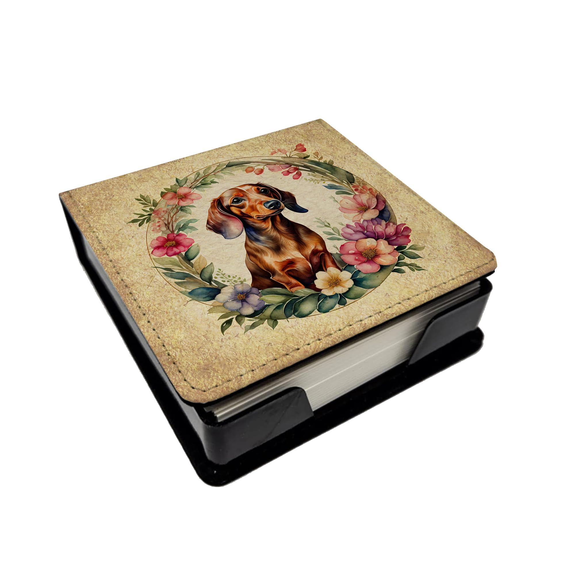Caroline's Treasures Dachshund and Flowers PU Leather Note Paper Holder with Artist-Designed Cover, Desk Accessory, Office Gift