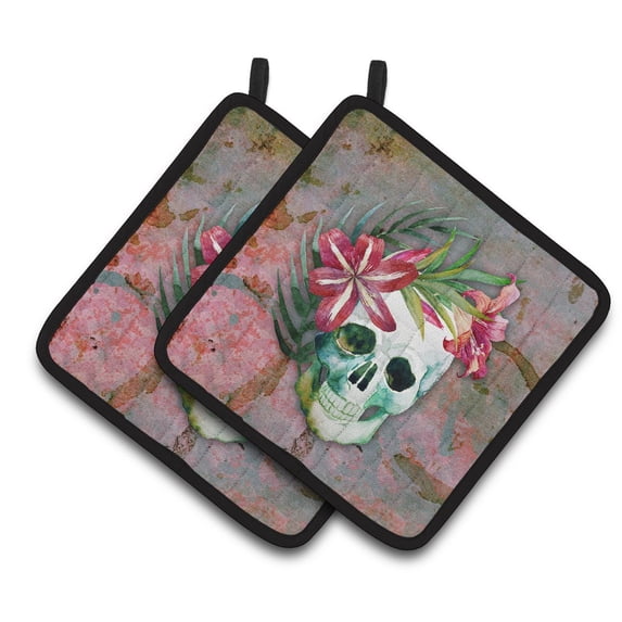 Caroline's Treasures Day of the Dead Skull Flowers Pair of Pot Holders