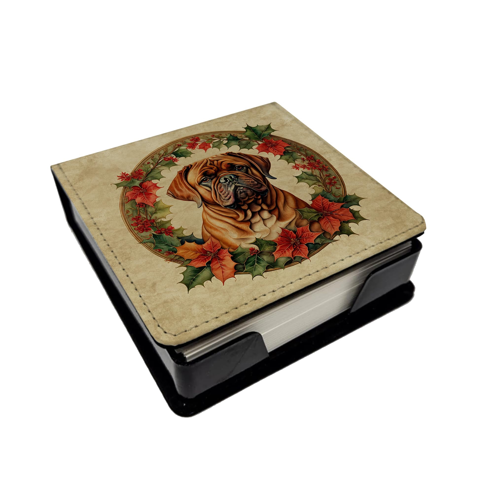 Caroline's Treasures Dogue de Bordeaux Christmas Flowers PU Leather Note Paper Holder with Artist-Designed Cover, Desk Accessory, Office Gift