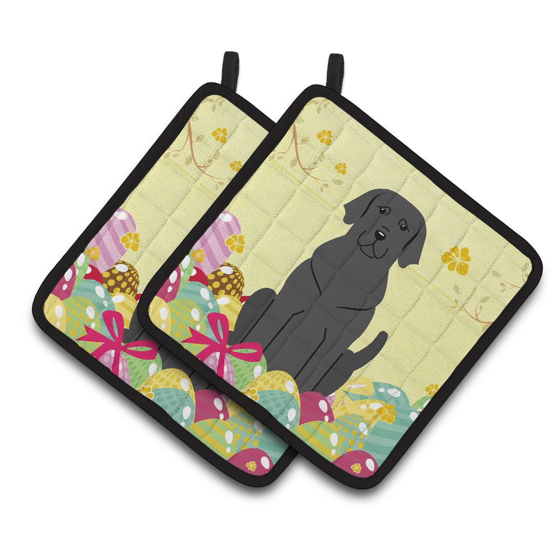 Easter Eggs Black Labrador Pair of Pot Holders