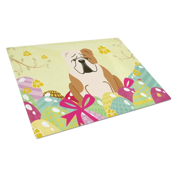Caroline's Treasures Easter Eggs English Bulldog Fawn White Glass Cutting Board Large