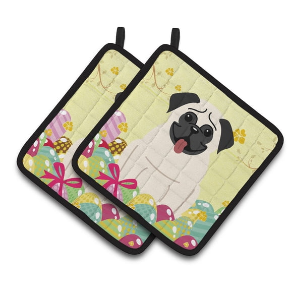Caroline's Treasures Easter Eggs Pug Cream Pair of Pot Holders
