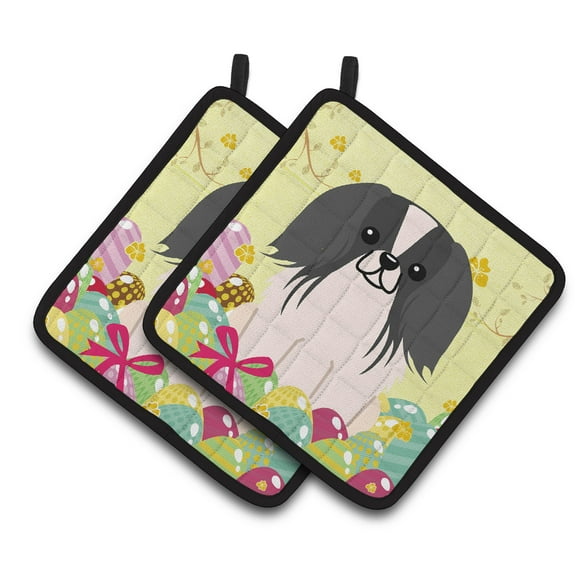 Easter Pekingnese Black White Pair of Pot Holders