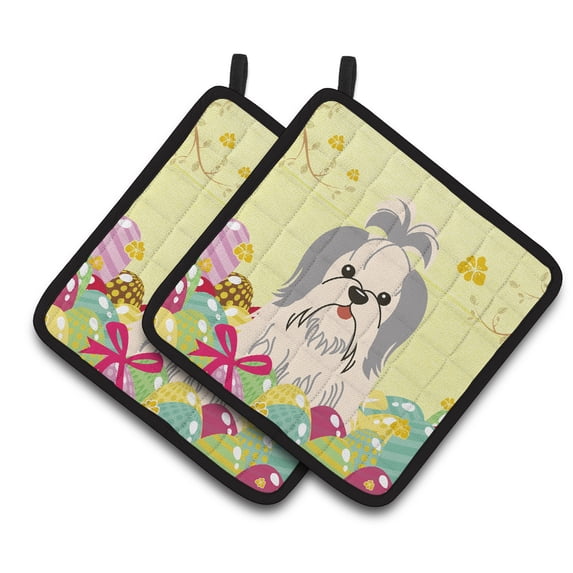 Caroline's Treasures Easter Shih Tzu Silver White Pair of Pot Holders