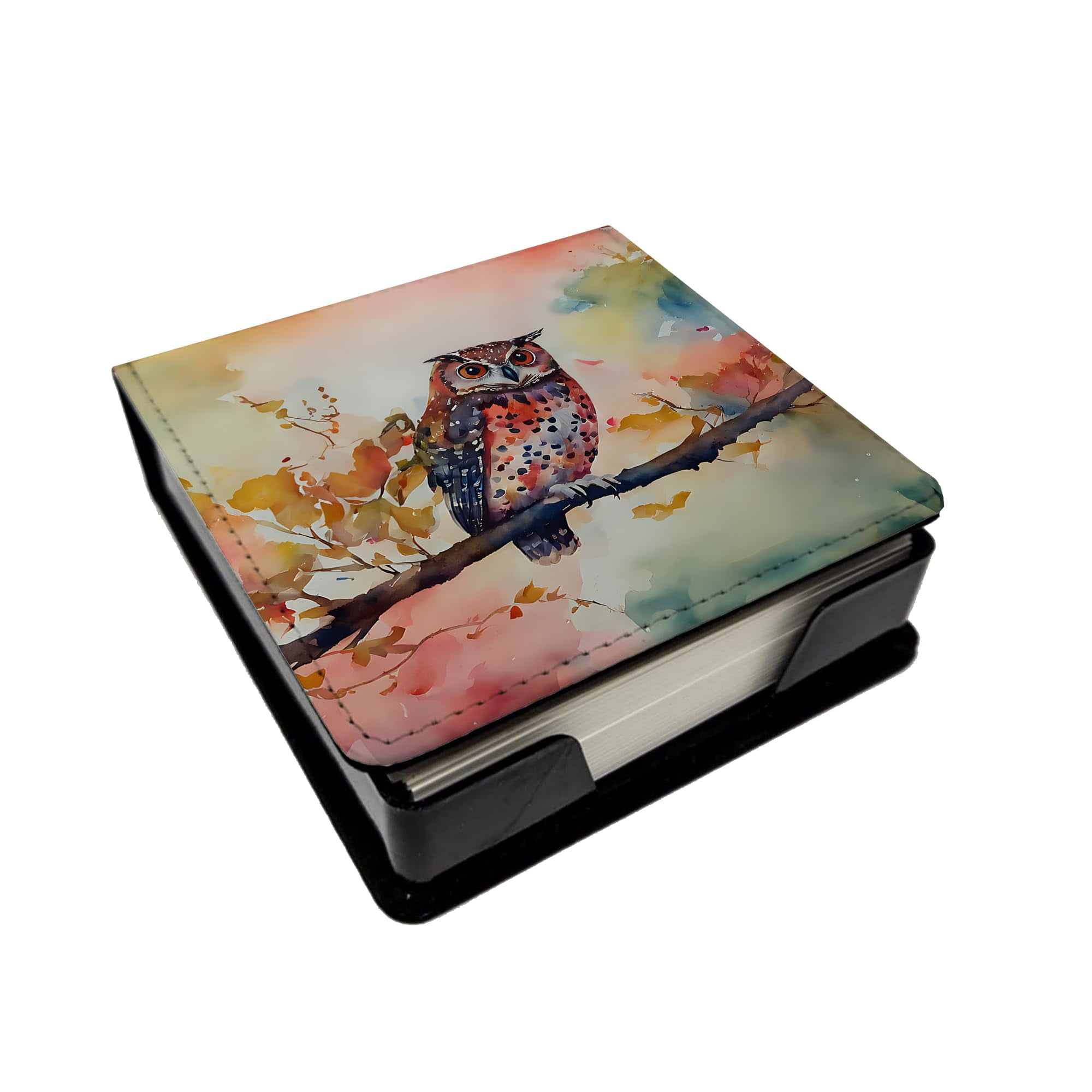 Caroline's Treasures Elf Owl PU Leather Note Paper Holder with Artist-Designed Cover, Desk Accessory, Office Gift