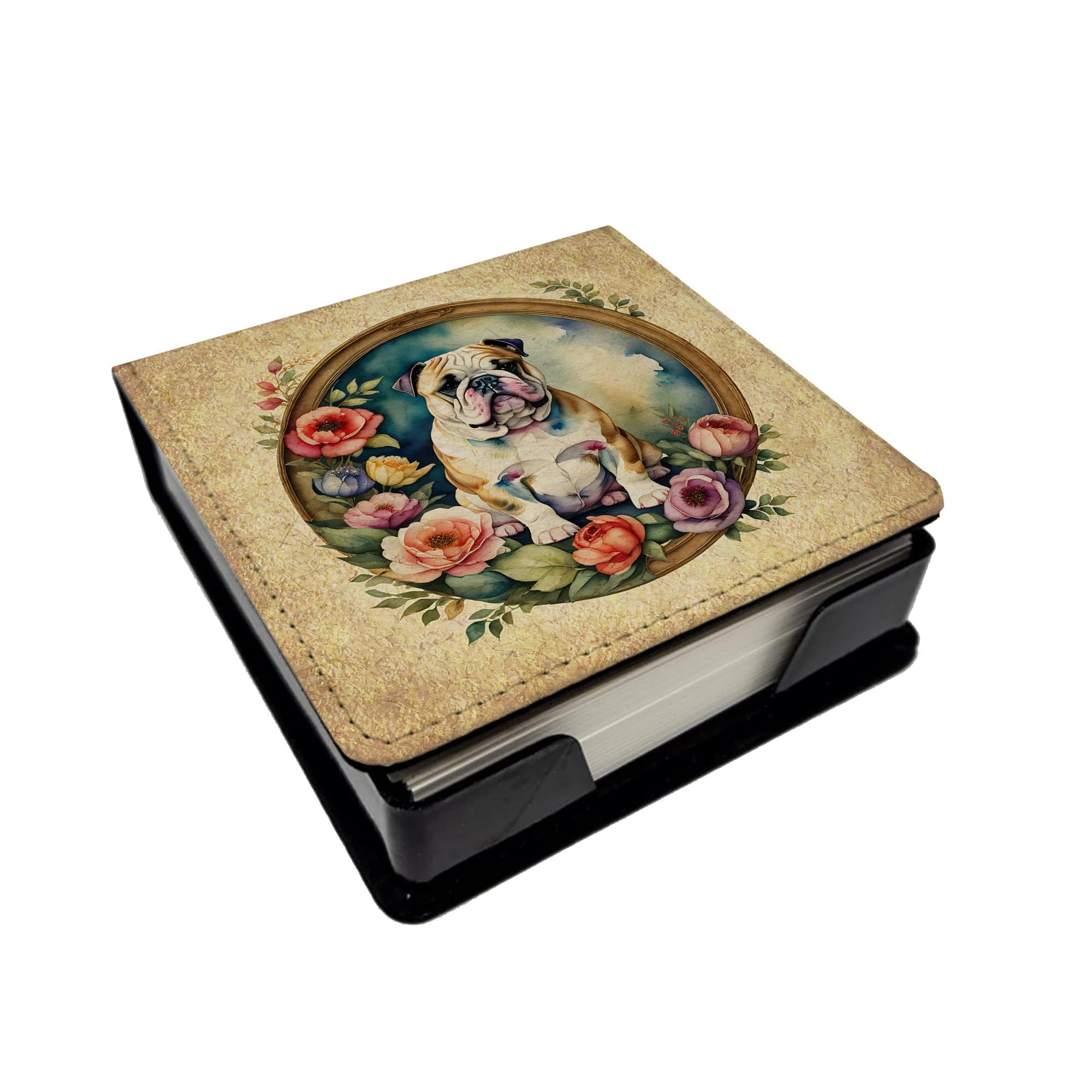 Caroline's Treasures English Bulldog and Flowers PU Leather Note Paper Holder with Artist-Designed Cover, Desk Accessory, Office Gift