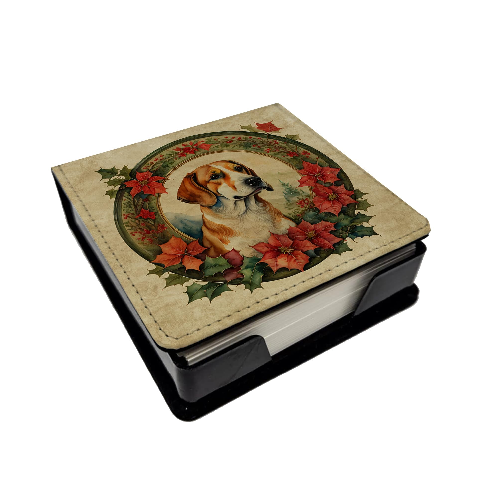 Caroline's Treasures English Foxhound Christmas Flowers PU Leather Note Paper Holder with Artist-Designed Cover, Desk Accessory, Office Gift