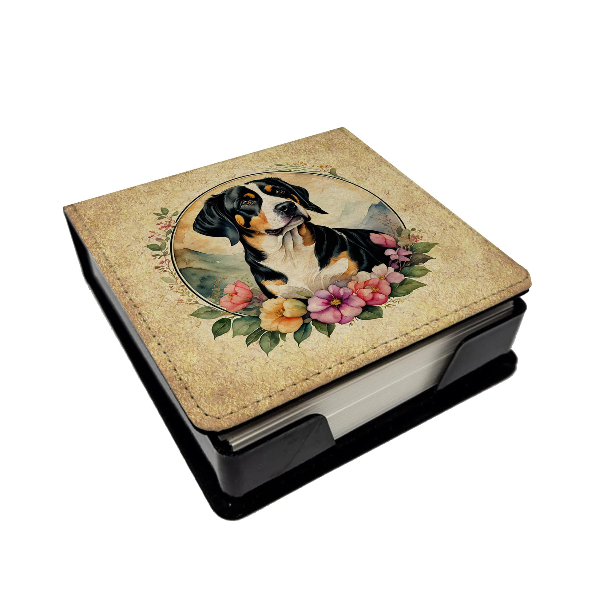 Caroline's Treasures Entlebucher Mountain Dog and Flowers PU Leather Note Paper Holder with Artist-Designed Cover, Desk Accessory, Office Gift