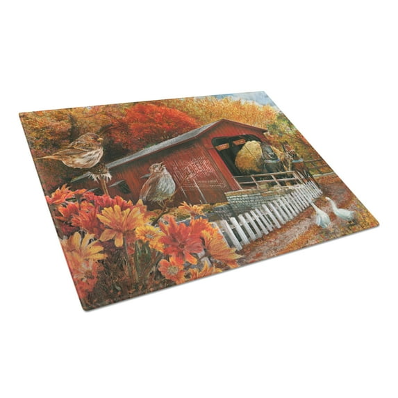 Caroline's Treasures Fall Covered Bridge Glass Cutting Board Large