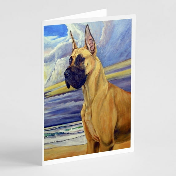 Fawn Great Dane at the beach Greeting Cards and Envelopes Pack of 8