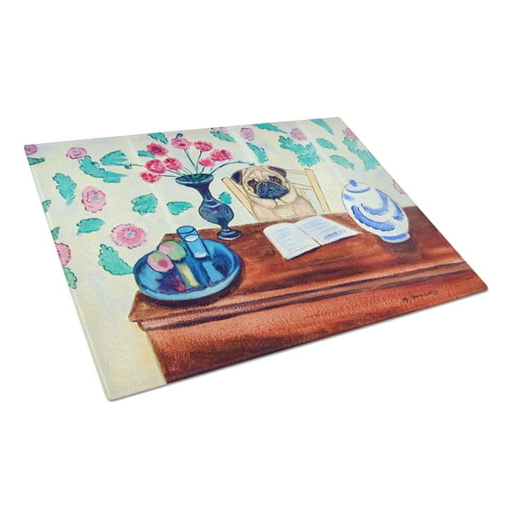 Caroline's Treasures Fawn Pug reading in the kitchen Glass Cutting Board