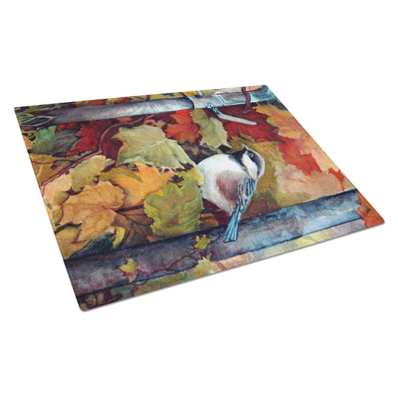 Caroline's Treasures Fence Sitter Chickadee Glass Cutting Board Large