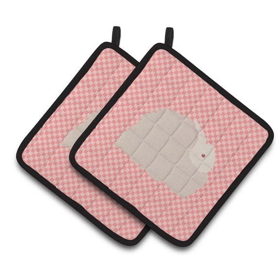 Caroline's Treasures Fluffy Angora Rabbit Pink Check Pair of Pot Holders