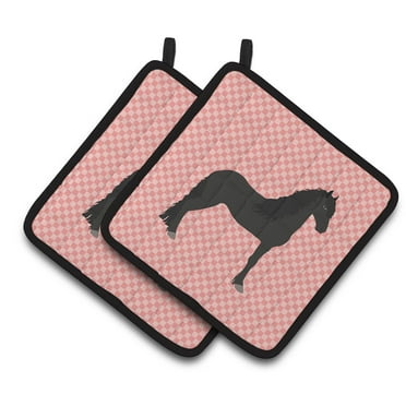 Caroline's Treasures Friesian Horse Pink Check Pair of Pot Holders