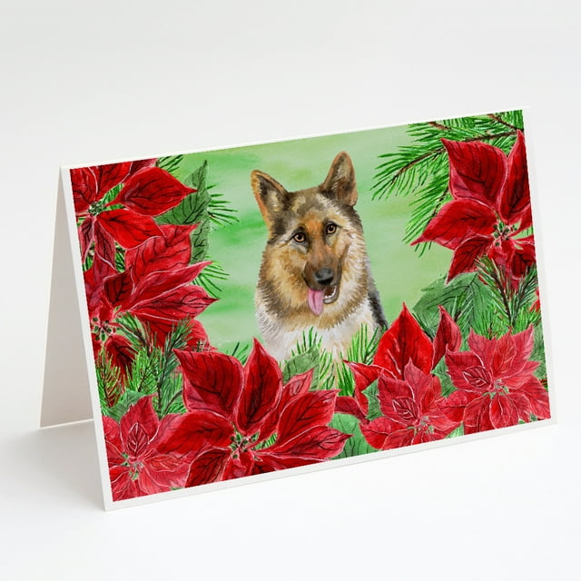 Caroline's Treasures German Shepherd Poinsettas Christmas Greeting Cards with Envelopes, 5" x 7" (8 Count)