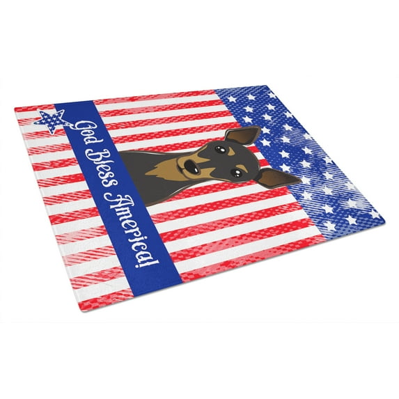 Caroline's Treasures God Bless Flag with Min Pin Glass Cutting Board Large
