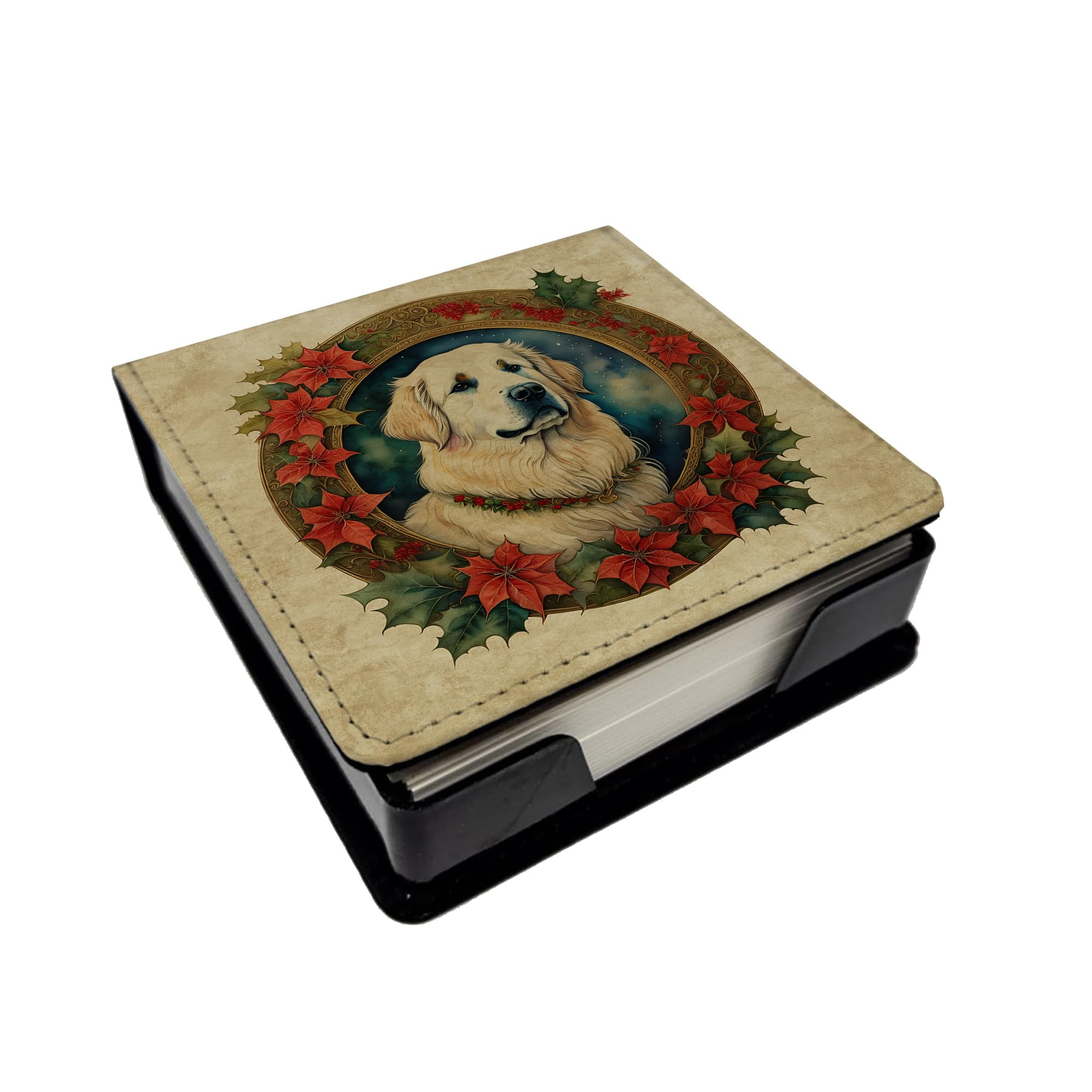 Caroline's Treasures Great Pyrenees Christmas Flowers PU Leather Note Paper Holder with Artist-Designed Cover, Desk Accessory, Office Gift