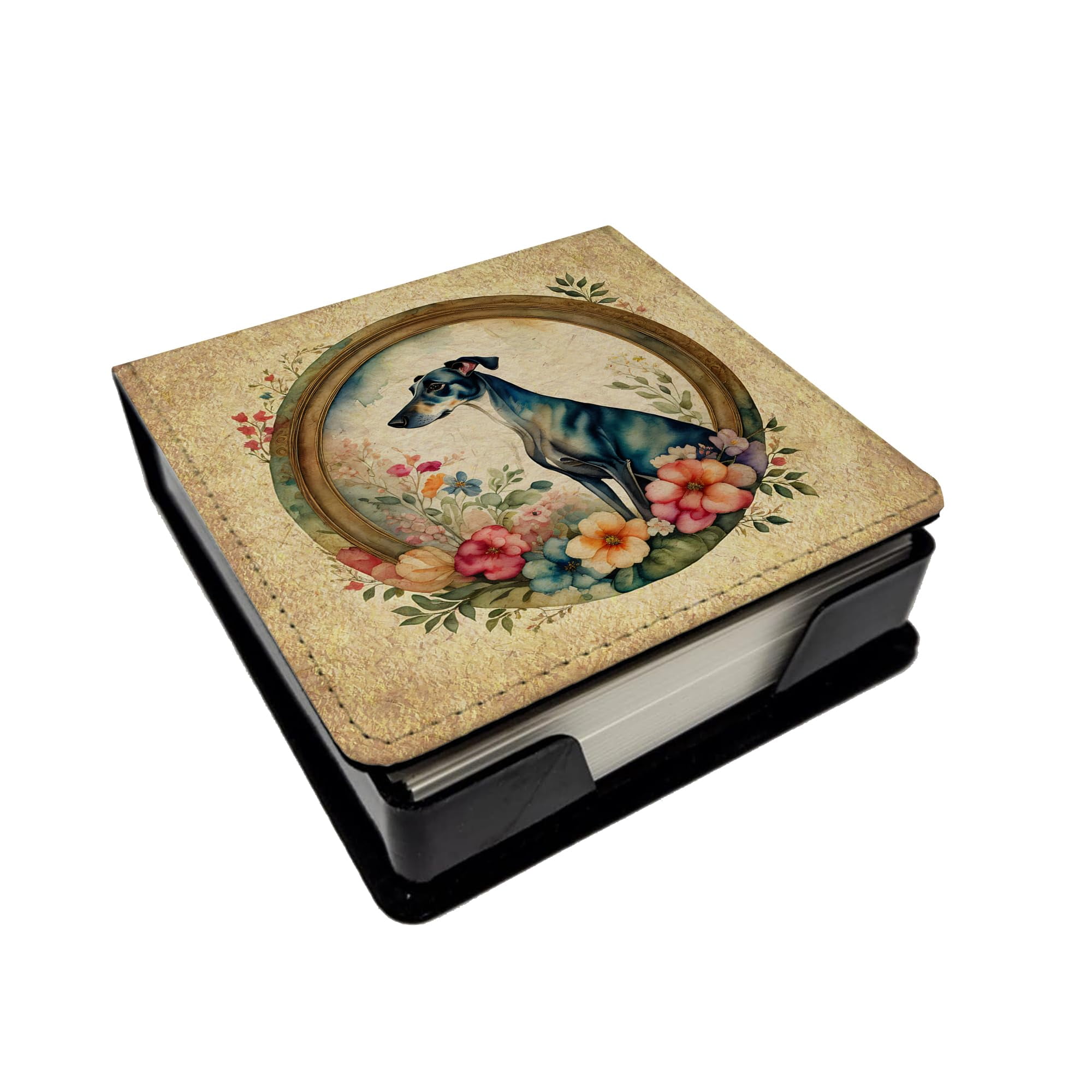 Caroline's Treasures Greyhound and Flowers PU Leather Note Paper Holder with Artist-Designed Cover, Desk Accessory, Office Gift