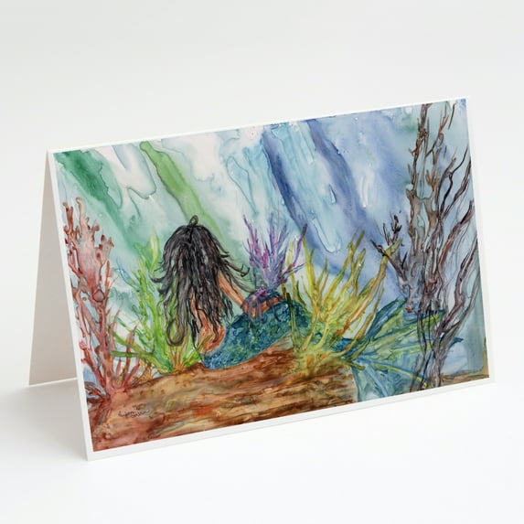Black Haired Mermaid Water Fantasy Greeting Cards and Envelopes Pack of 8