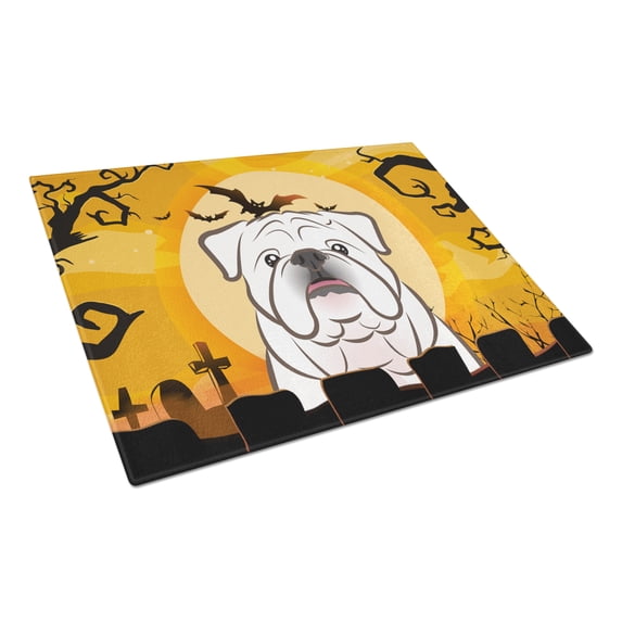 Caroline's Treasures Halloween White English Bulldog Glass Cutting Board Large