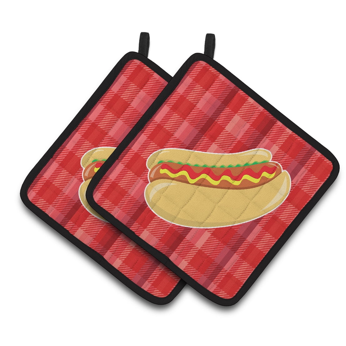 Red Plaid Polyester Hot Dog Design Rectangular Pot Holder
