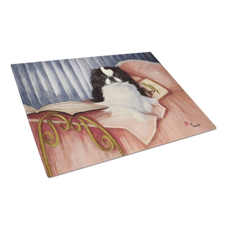 Caroline's Treasures Japanese Chin Reading in Bed Glass Cutting Board Large