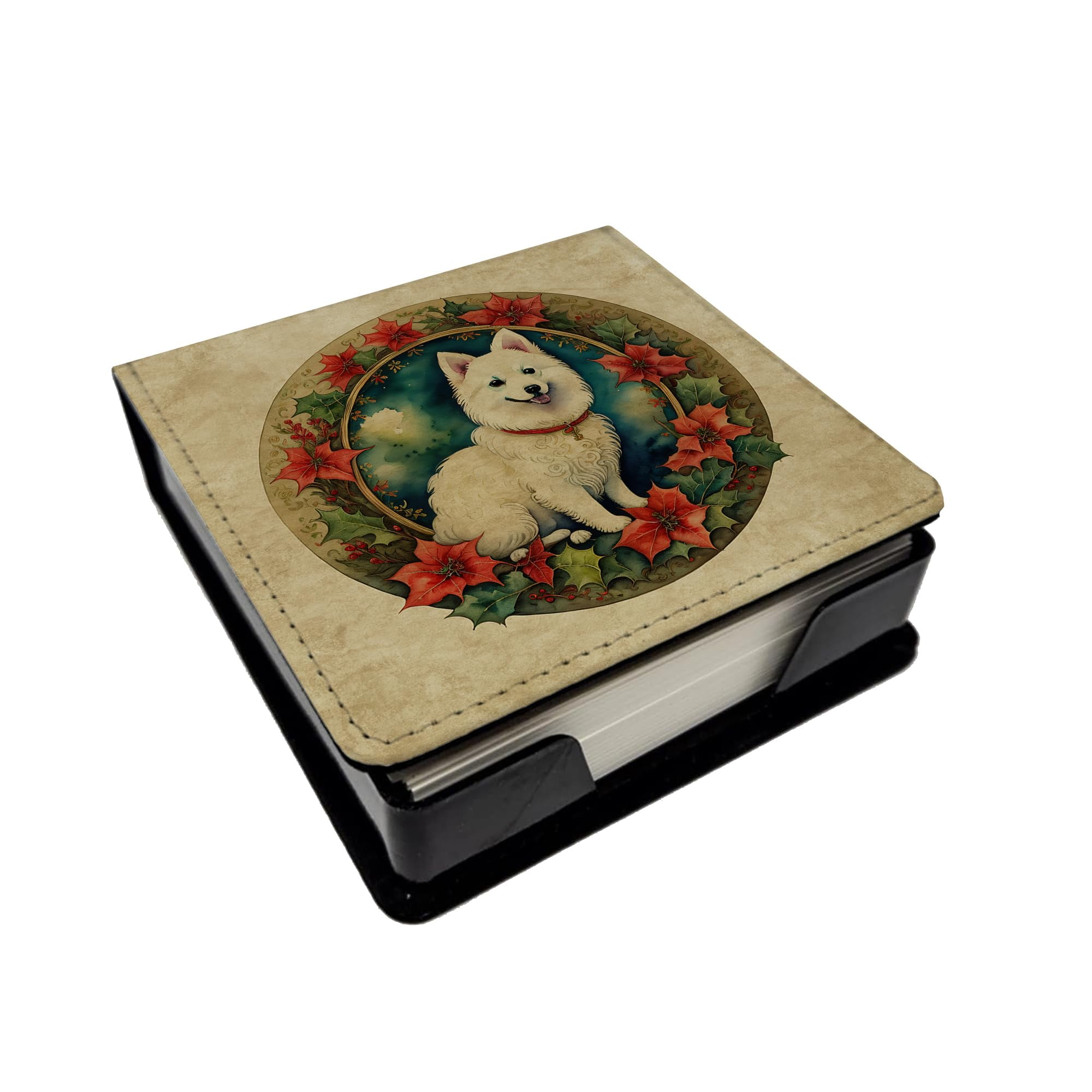 Caroline's Treasures Japanese Spitz Christmas Flowers PU Leather Note Paper Holder with Artist-Designed Cover, Desk Accessory, Office Gift
