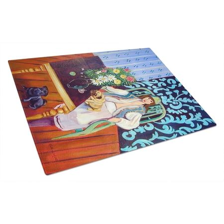 Caroline's Treasures Lady with her Pug Glass Cutting Board Large