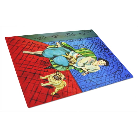 Caroline's Treasures Lady with her Pug Glass Cutting Board Large