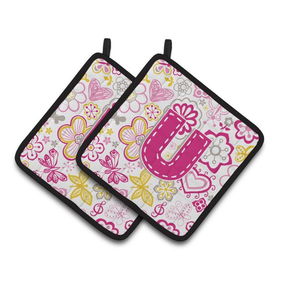 Caroline's Treasures Letter U Flowers & Butterflies pink Pair of Pot Holders , 7.5HX7.5W, Multicolor