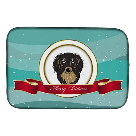 Caroline's Treasures Longhair Black and Tan Dachshund Merry Christmas Dish Drying Mat