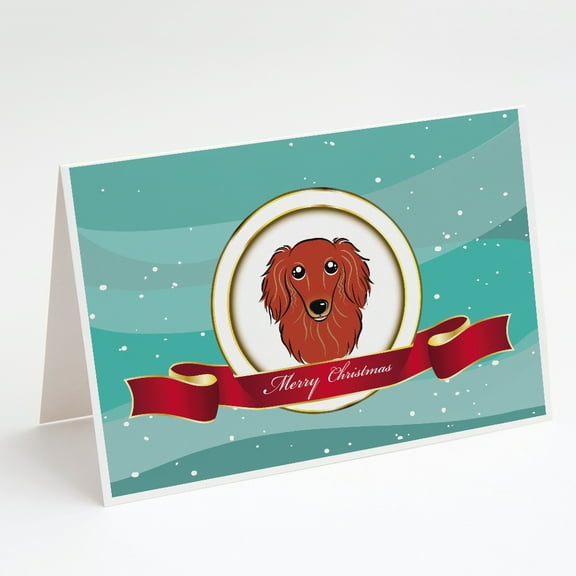 Longhair Red Dachshund Merry Christmas Greeting Cards and Envelopes Pack of 8