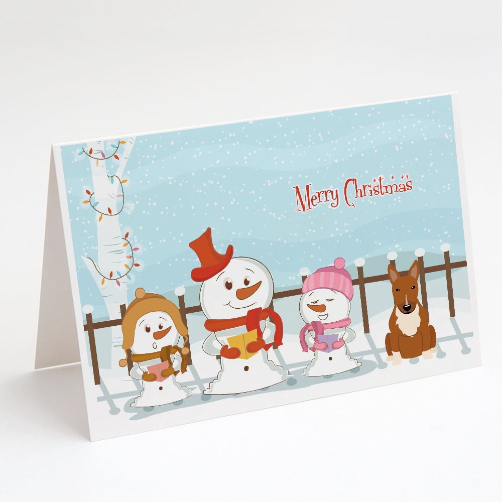 Merry Christmas Carolers Bull Terrier Red Greeting Cards and Envelopes Pack of 8