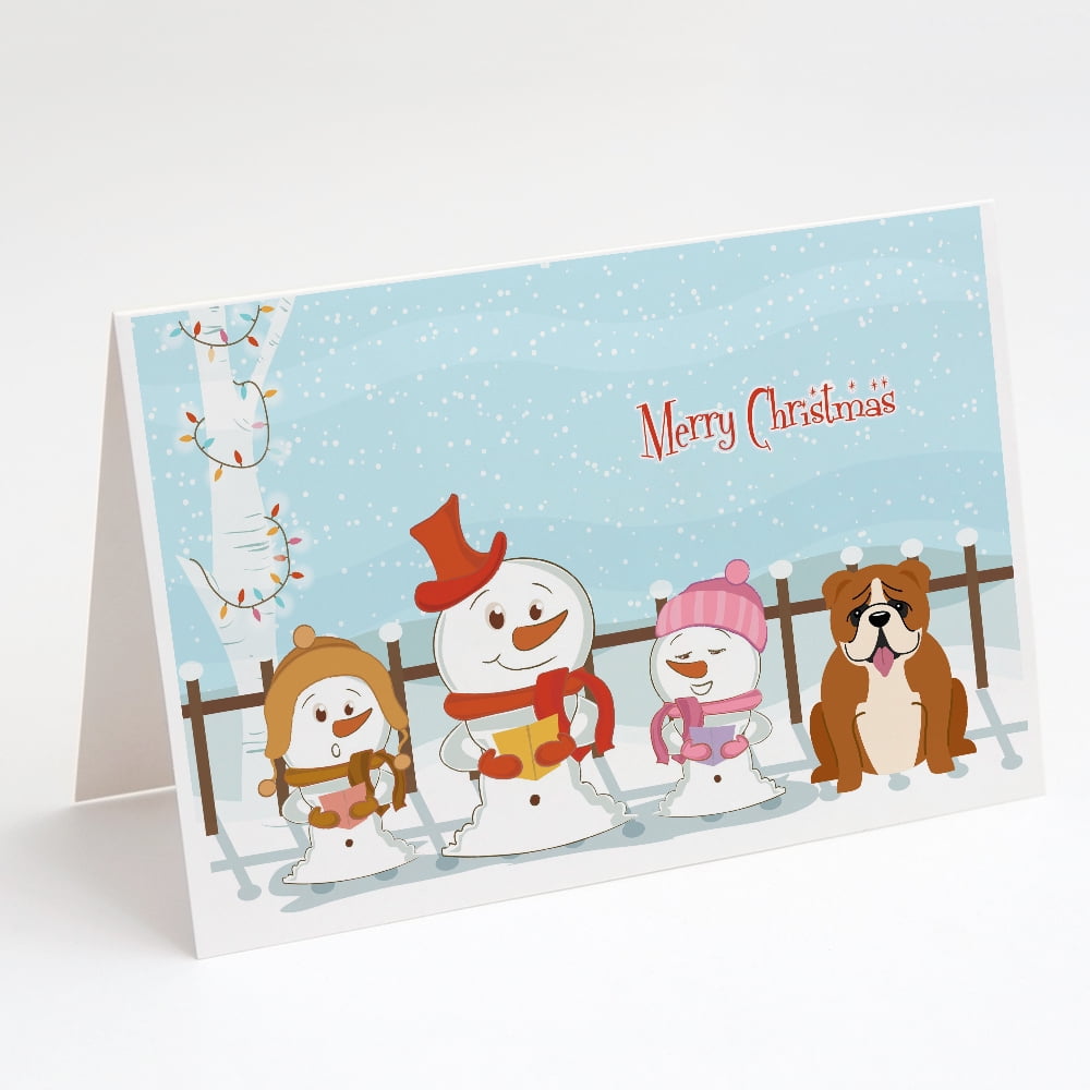 Merry Christmas Carolers English Bulldog Red White Greeting Cards and Envelopes Pack of 8
