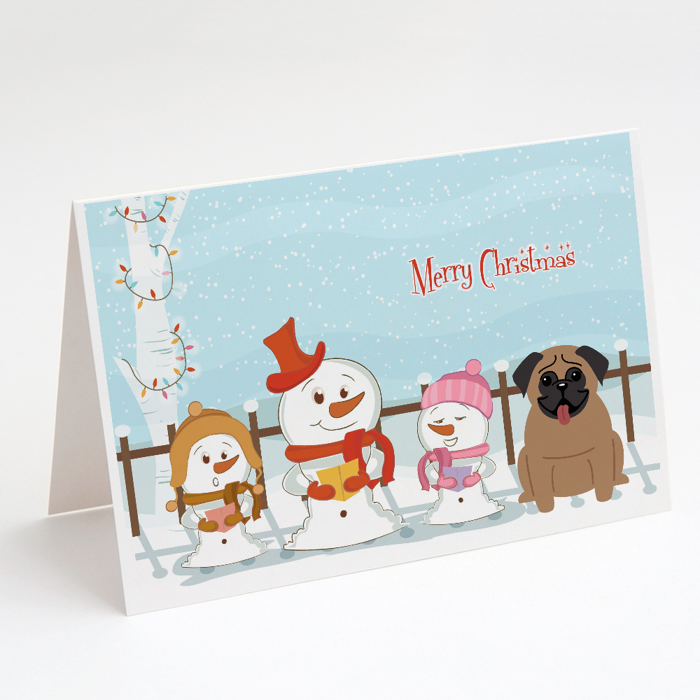 Merry Christmas Carolers Pug Brown Greeting Cards and Envelopes Pack of 8