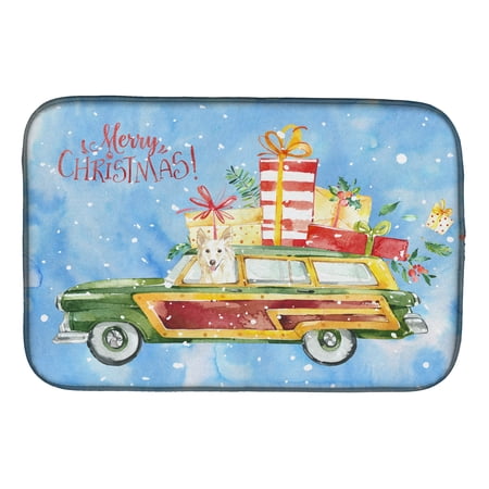 Merry Christmas White Collie Dish Drying Mat