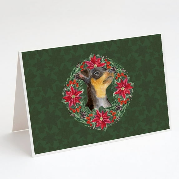 Miniature Pinscher #2 Poinsetta Wreath Greeting Cards and Envelopes Pack of 8