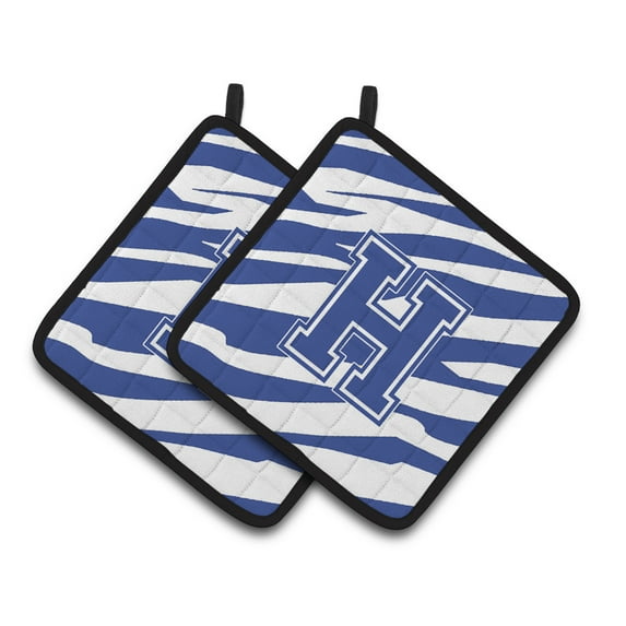 Monogram Initial H Tiger Stripe Blue and White Pair of Pot Holders