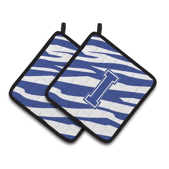 Caroline's Treasures Monogram Initial I Tiger Stripe Blue and White Pair of Pot Holders