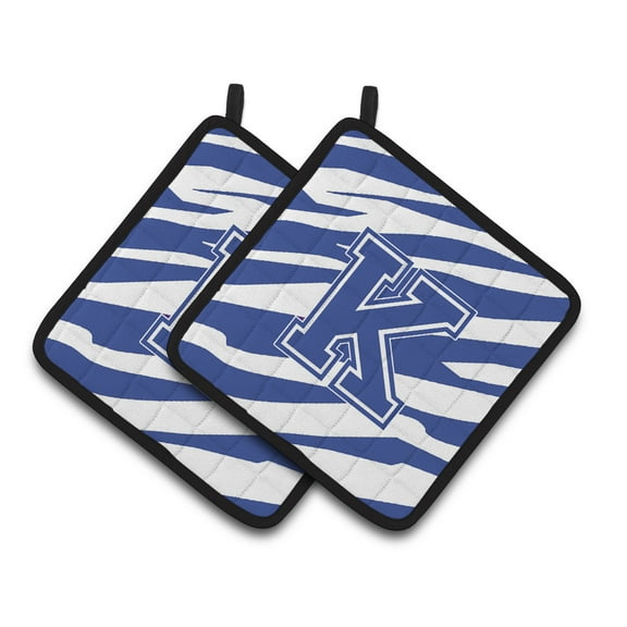Caroline's Treasures Monogram Initial K Tiger Stripe Blue and White Pair of Pot Holders